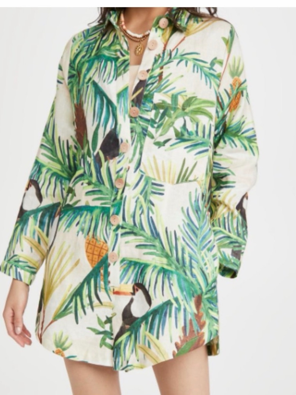 FARM Rio Tropical Toucan Linen Romper Shirt in Green and Cream